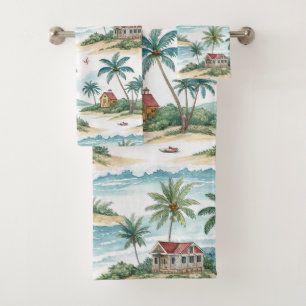 PASTEL WATERCOLOR TROPICAL HUTS ON THE BEACH BATH TOWEL SET