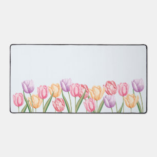 Pastel Watercolor Tulip Flowers On Light Blue Desk Mat