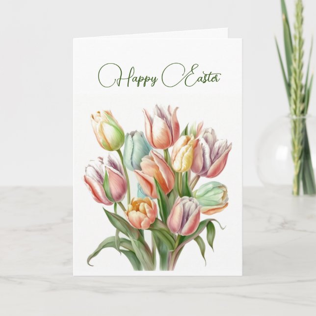 Pastel Watercolor Tulips Pastel Happy Easter Card (Front)