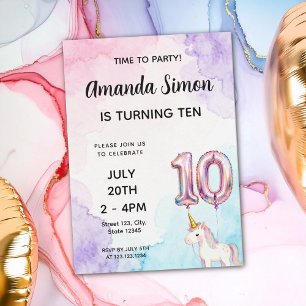 Pastel Watercolor Unicorn Girly 10th Birthday Invitation