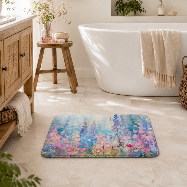 Pastel Watercolor Wildflower Meadow Bath Mat (Creator Uploaded)