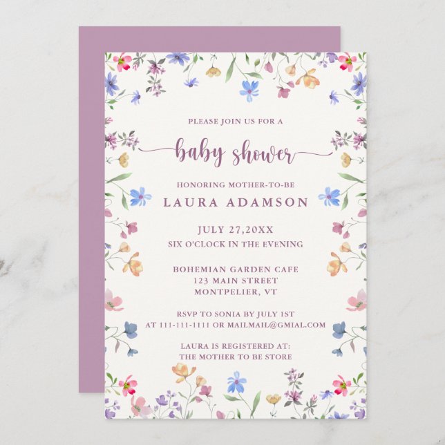 Pastel Watercolor Wildflowers Garden Baby Shower Invitation (Front/Back)