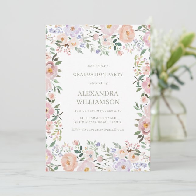 Pastel Watercolor Wildflowers Graduation Party Invitation (Standing Front)