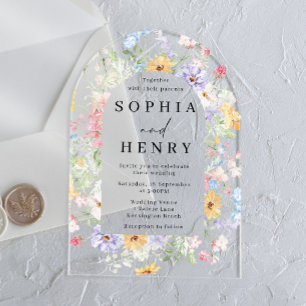 Pastel Watercolor Wildflowers Wedding Acrylic Invitations