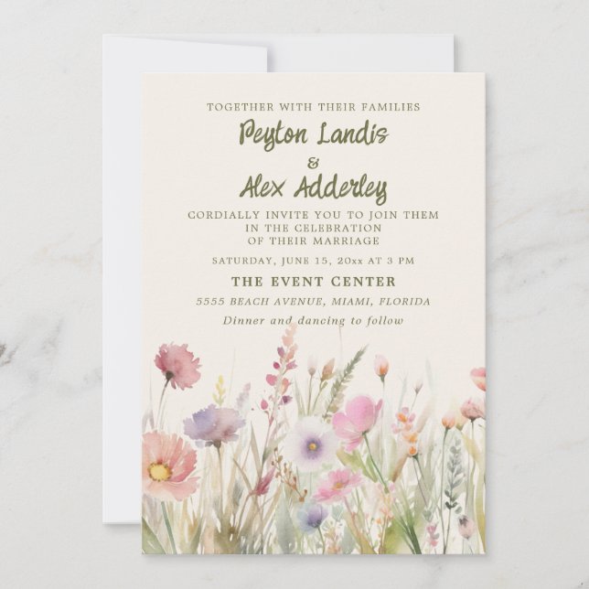Pastel Watercolor Wildflowers Wedding Invitation (Front)