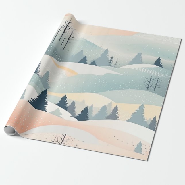 Pastel Watercolor winter Forest Pattern Wrapping Paper (Unrolled)