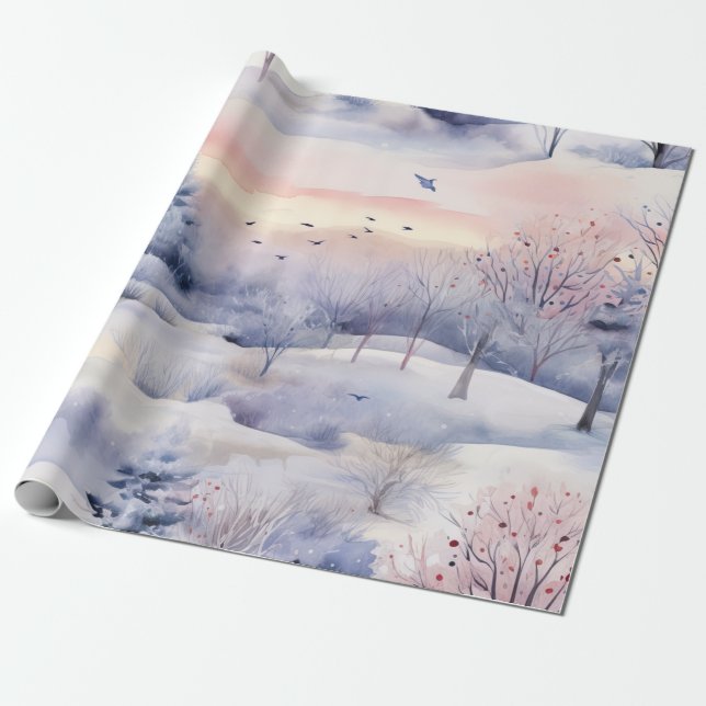 Pastel Watercolor winter Forest Pattern Wrapping Paper (Unrolled)