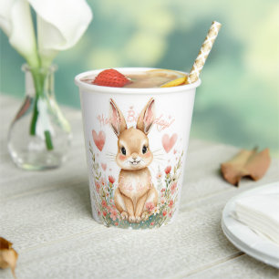 Pastel Watercolor Woodland Bunny Pink Hearts Flowe Paper Cups