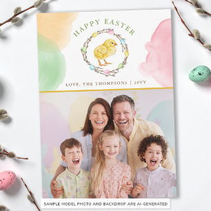 Pastel Watercolor Wreath And Chick Easter Photo Card