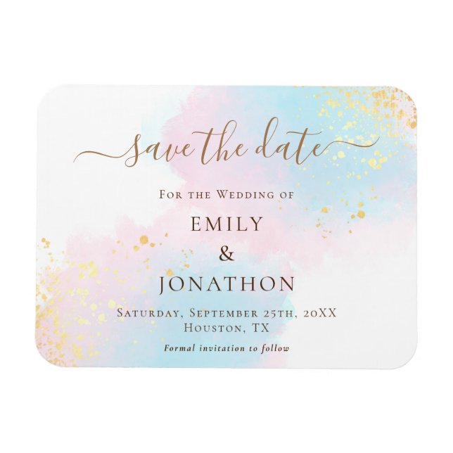 Pastel Watercolors Pink Gold Blue Save The Date Magnet (Horizontal)