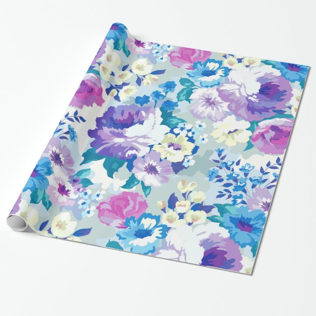 Pastel Watercolors Summer Flowers Pattern Wrapping Paper (Unrolled)