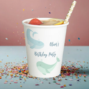Pastel Watercolour Blue Green Whale Birthday Party Paper Cups