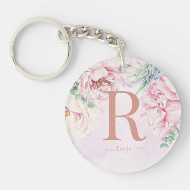 Pastel Watercolour Floral Monogram Photo Key Ring (Front)