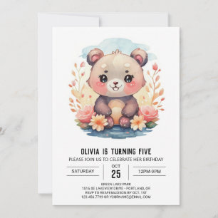 Pastel Whimsical Bear Girl Birthday Invitation