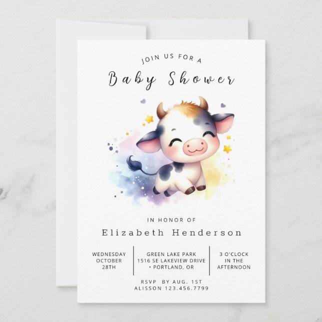 Pastel Whimsical Cow Baby Shower  Invitation (Front)
