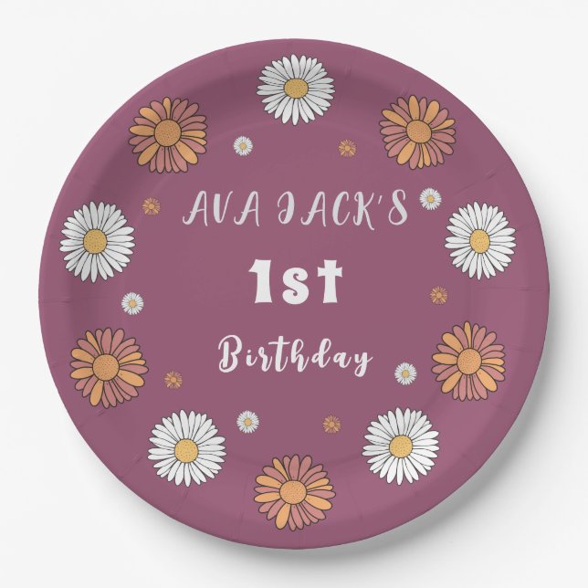 Pastel white and pink orange daisy flowers paper plate (Front)