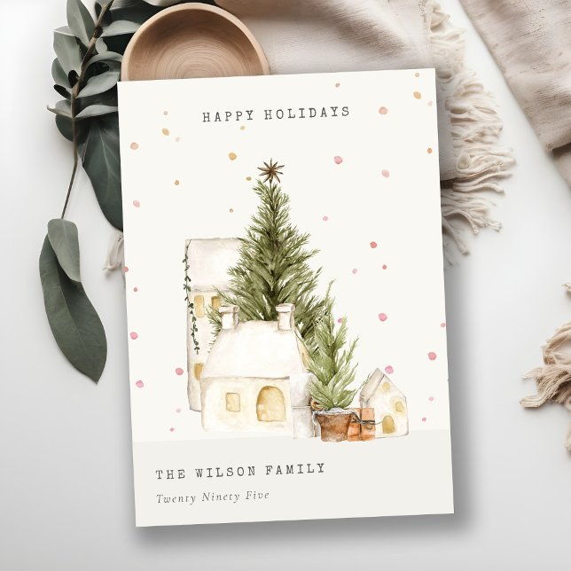 Pastel White Snow Tree Houses Seasons Greetings  Holiday Card (Creator Uploaded)