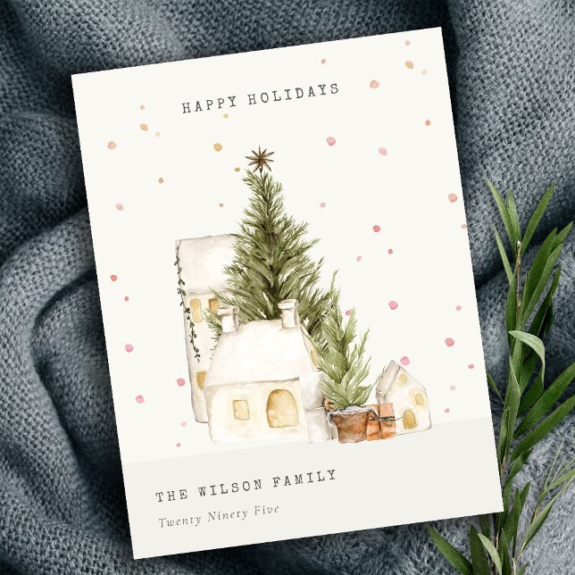Pastel White Snow Tree Houses Seasons Greetings  Holiday Postcard (Creator Uploaded)