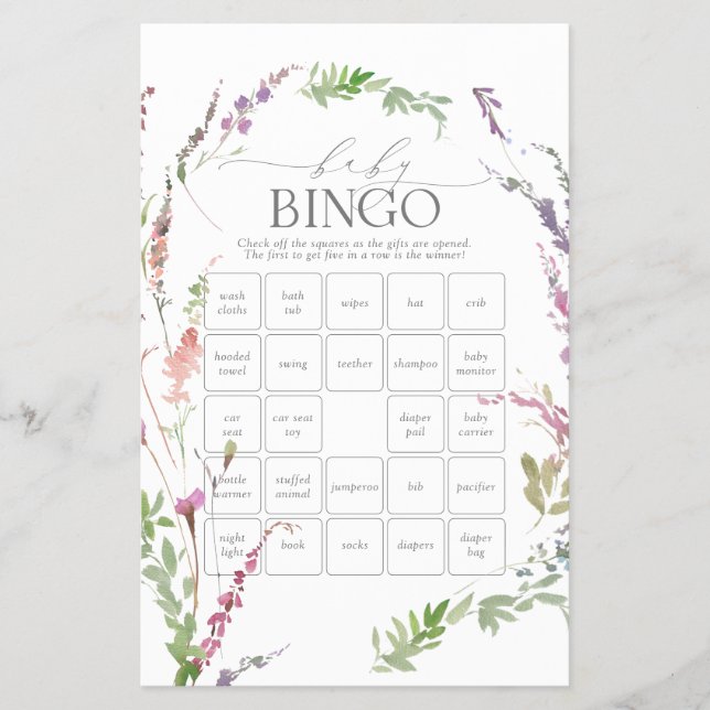 Pastel Wildflower Baby Shower Bingo Game Flyer (Front)