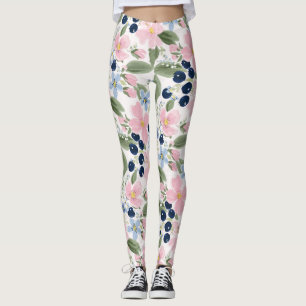 Pastel Wildflower & Blueberry Floral Pattern  Leggings