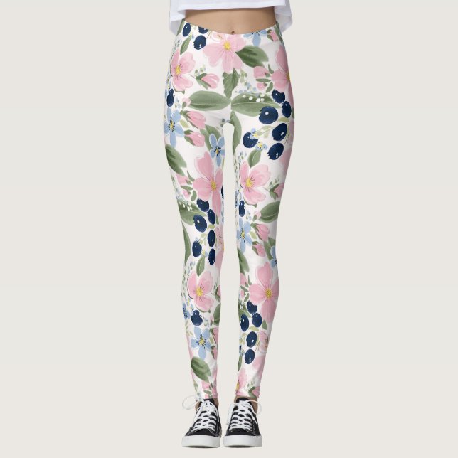Pastel Wildflower & Blueberry Floral Pattern  Leggings (Front)