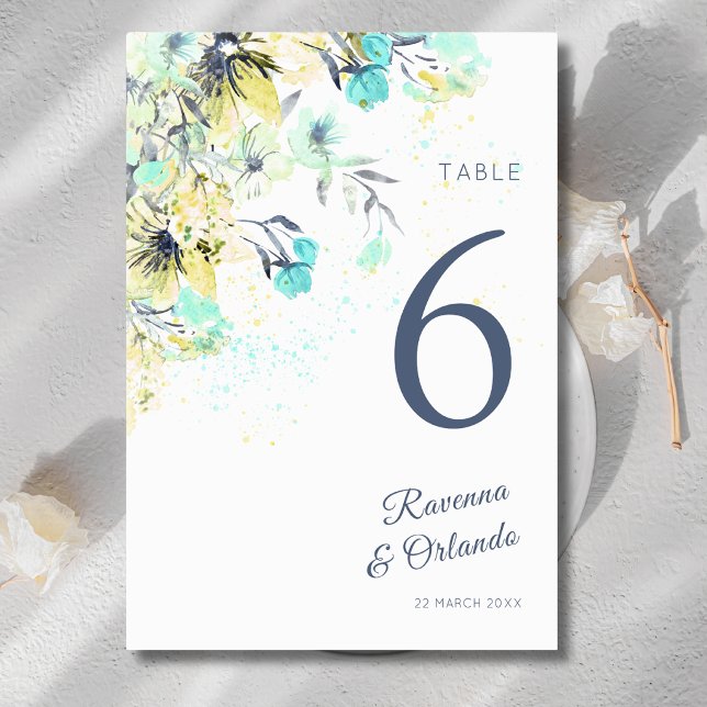 Pastel Wildflower Botanical Romance Blue Wedding Table Number (Creator Uploaded)