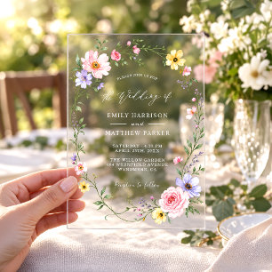 Pastel Wildflower Botanical Wreath Garden Wedding Acrylic Invitations