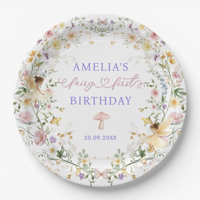 Pastel Wildflower Fairy First 1st Birthday Party Paper Plate (Front)