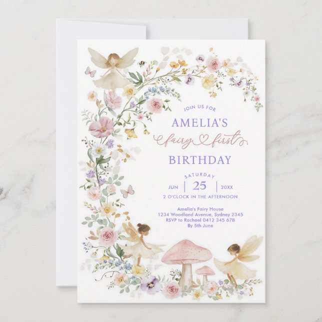Pastel Wildflower Fairy First Birthday Invitation (Front)