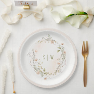 Pastel Wildflower Floral Monogram Wreath Wedding Paper Plate