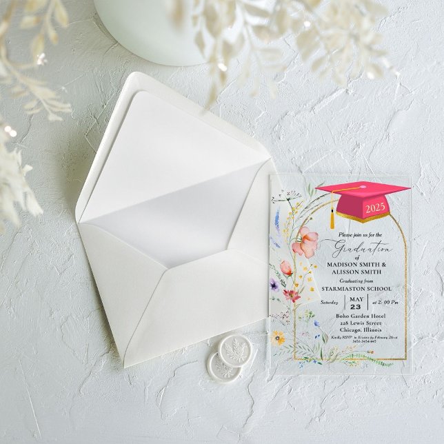 Pastel Wildflower Garden Twin  Graduation Party Acrylic Invitations (Creator Uploaded)