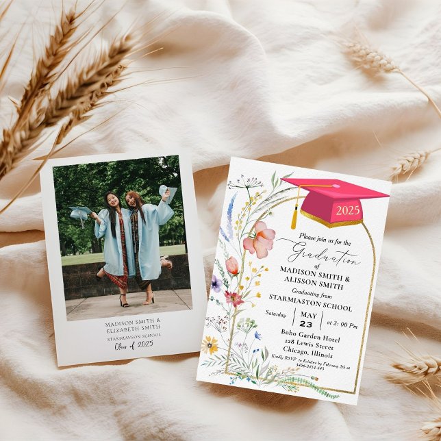 Pastel Wildflower Garden Twin  Graduation Party Invitation (Creator Uploaded)