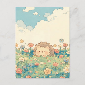 Pastel Wildflower Meadow Kawaii Hedgehog Postcard