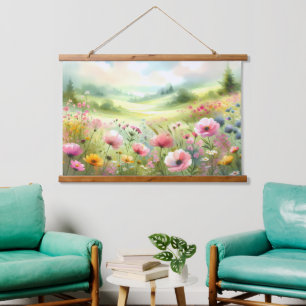 Pastel Wildflower Meadow Landscape Hanging Tapestry