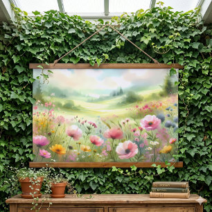 Pastel Wildflower Meadow Landscape Hanging Tapestry