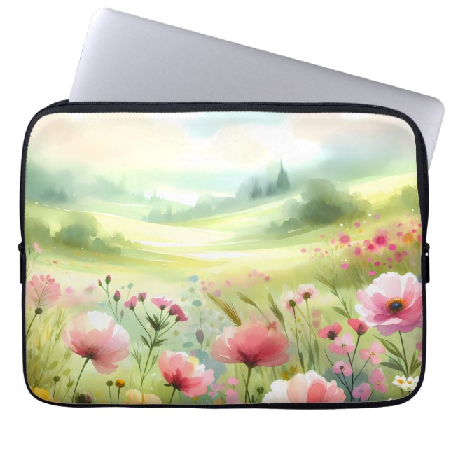 Pastel Wildflower Meadow Landscape Laptop Sleeve (Front)