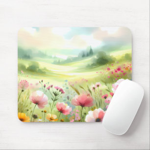 Pastel Wildflower Meadow Landscape Mouse Pad
