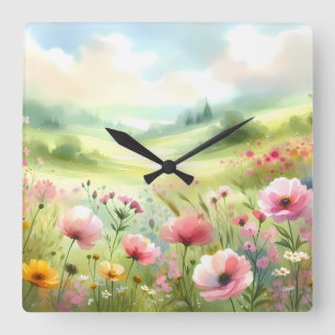 Pastel Wildflower Meadow Landscape Square Wall Clock