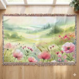 Pastel Wildflower Meadow Landscape Throw Blanket