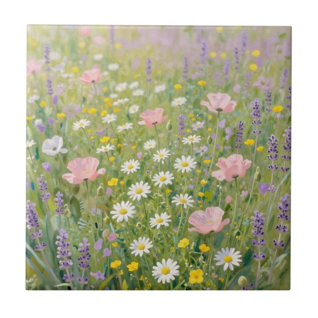 Pastel Wildflower Meadow Painting Tile (Front)