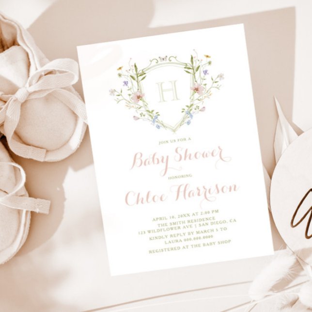 Pastel Wildflower Monogram Crest Baby Shower Invitation (Creator Uploaded)