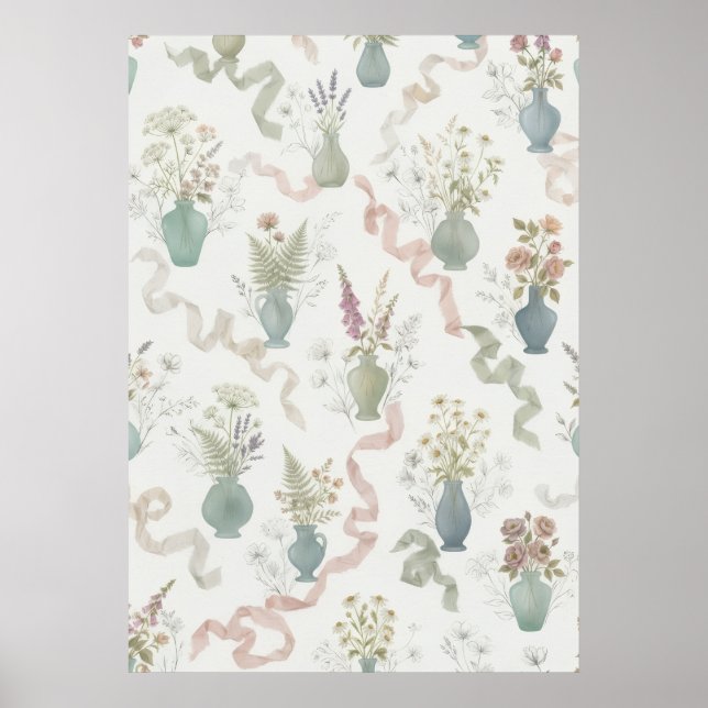 Pastel Wildflower Vases Flowing Ribbon Pattern Poster (Front)