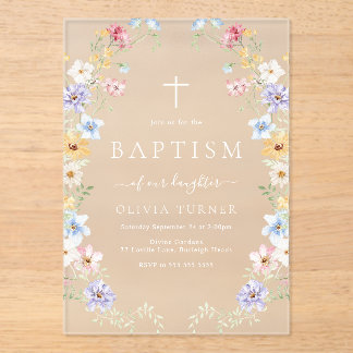 Pastel Wildflower Wreath Modern Baptism Acrylic Invitations