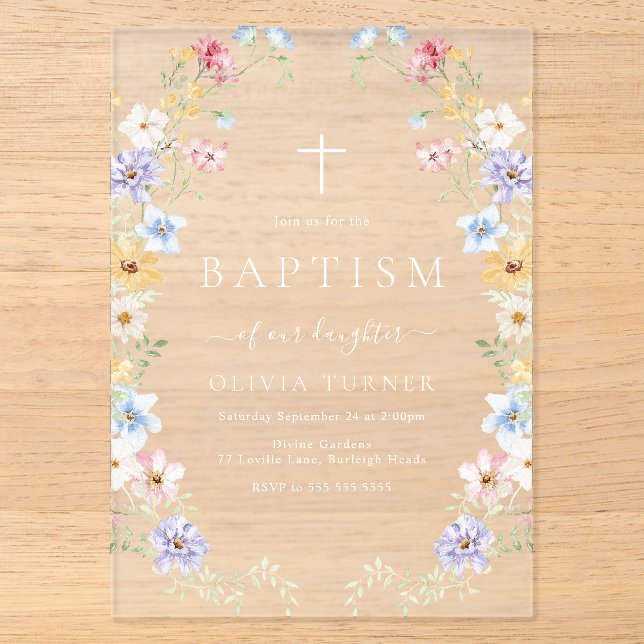 Pastel Wildflower Wreath Modern Baptism Acrylic Invitations (Front)