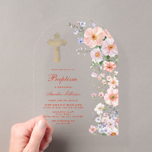 Pastel Wildflowers Arch Baptism Acrylic Invitations