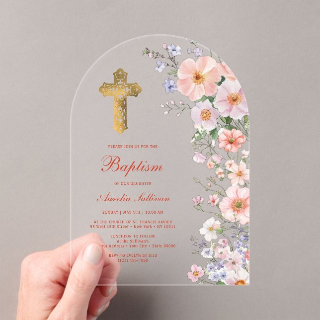 Pastel Wildflowers Arch Baptism Acrylic Invitations (Insitu (Handheld))
