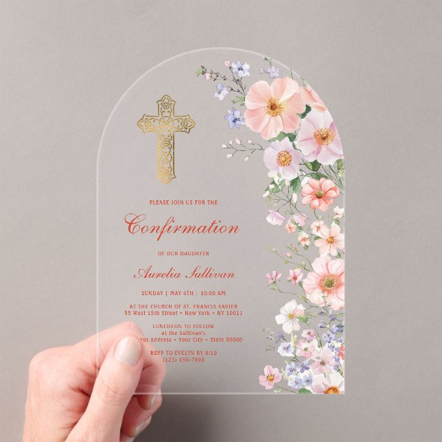 Pastel Wildflowers Arch Confirmation Acrylic Invitations (Insitu (Handheld))