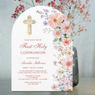 Pastel Wildflowers Arch First Communion Invitation