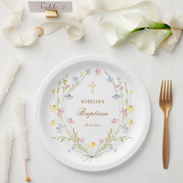 Pastel Wildflowers Baptism Paper Plate (Wedding)