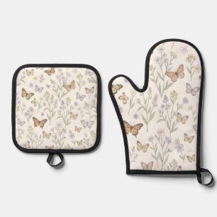 Pastel Wildflowers Butterflies Meadow Botanical Oven Mitt & Pot Holder Set
